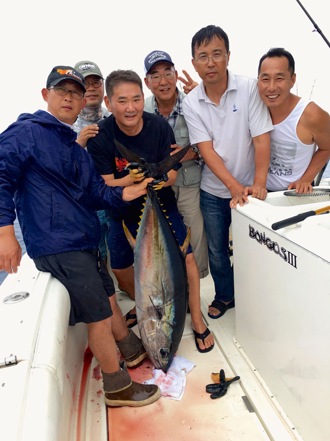 Kevin and his crew watched this yellowfin tuna blow up on a surface lure placed in front of a pod of feeding porpoise.